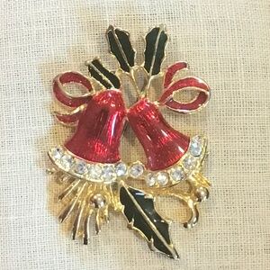 Large Vintage Holiday Pin Enamel & Rhinestone Bells Festive Gold Tone Red & Gree
